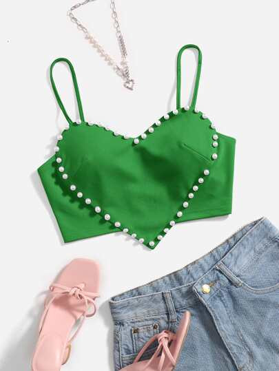 SHEIN ICON Pearls Decor Heart Pattern Asymmetrical Hem Cami Top SKU: sw2111101682236652(1000+ Rev... | SHEIN
