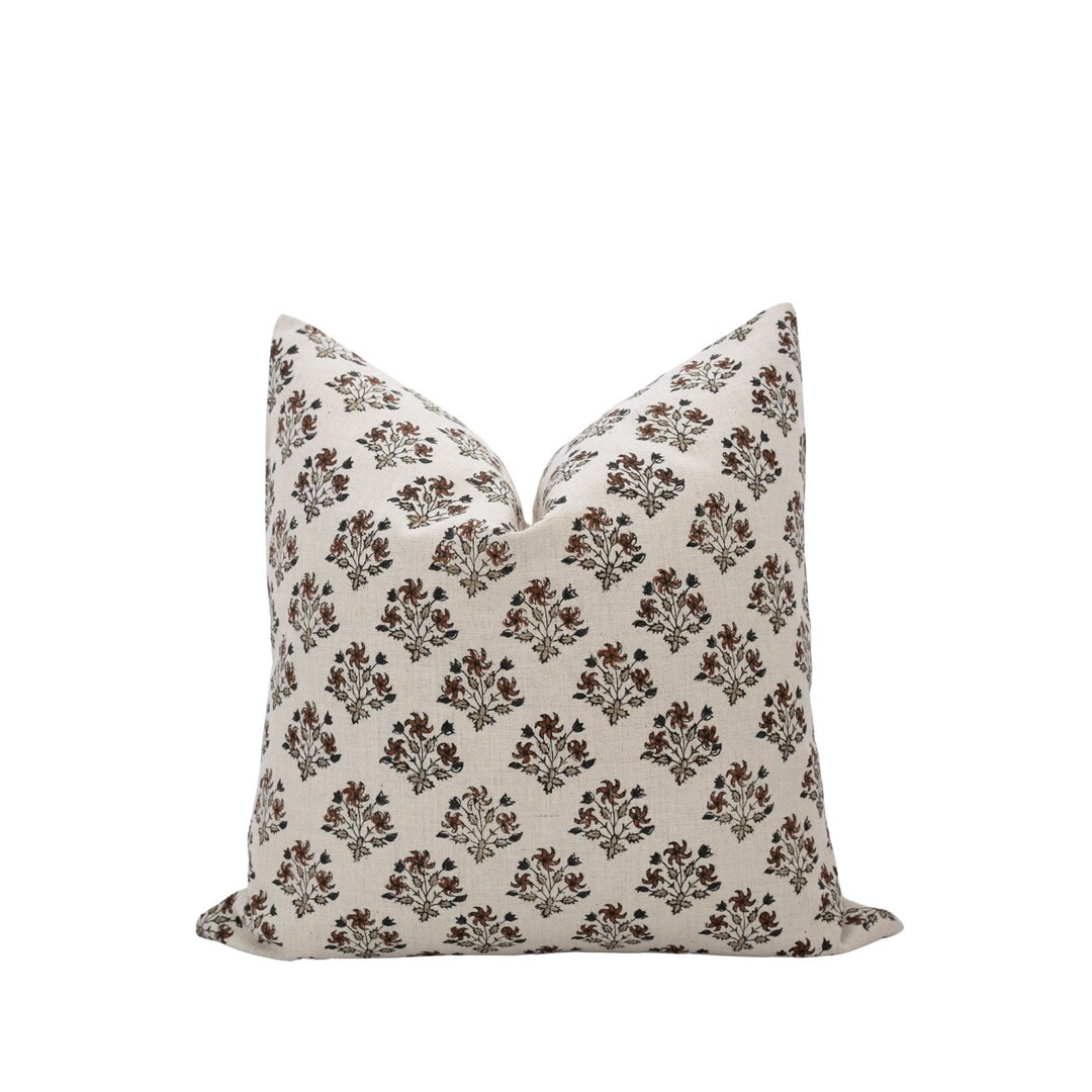 ALICE Brown Floral and Beige Linen Pillow Cover Block Print Pillow Farmhouse Pillow Neutral Pillo... | Etsy (US)