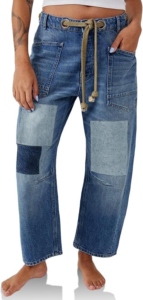 PLNOTME Womens Baggy Barrel Horseshoe Jeans Wide Leg Patchwork Low Rise Denim Pants with Pockets | Amazon (US)
