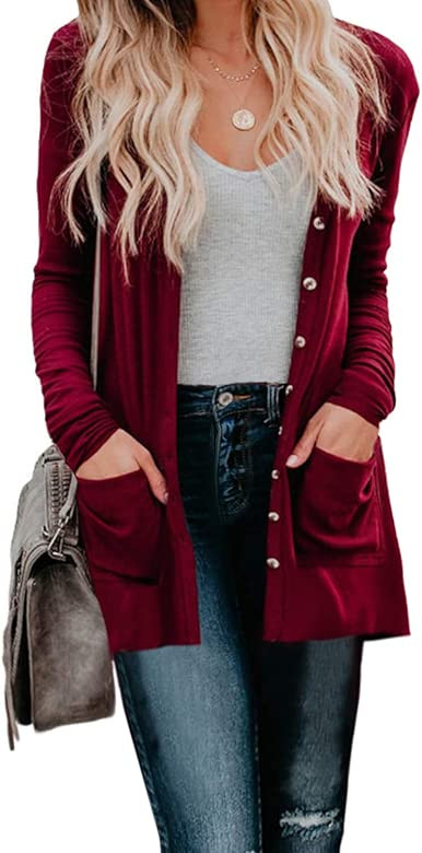 Womens Snap Button Down Pocketed Open Front Long Knited Cardigan Outerwear | Amazon (US)