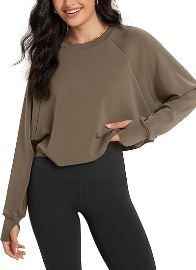 ODODOS Modal Soft Long Sleeve Cropped Sweatshirts with Thumb Hole for Women Crew Neck Pullover Cr... | Amazon (US)