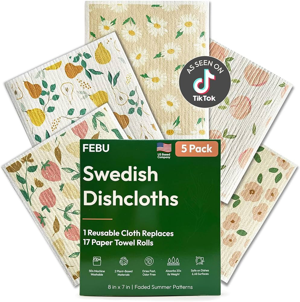 FEBU Swedish Dishcloths for Kitchen | 5 Pack Faded Summer Reusable Paper Towels Washable | Swedis... | Amazon (US)