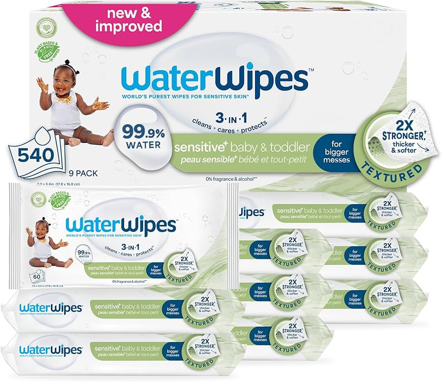 WaterWipes Sensitive+ Baby & Toddler Wipes, 3-In-1 Cleans, Cares, Protects, 99.9% Water, Textured... | Amazon (US)