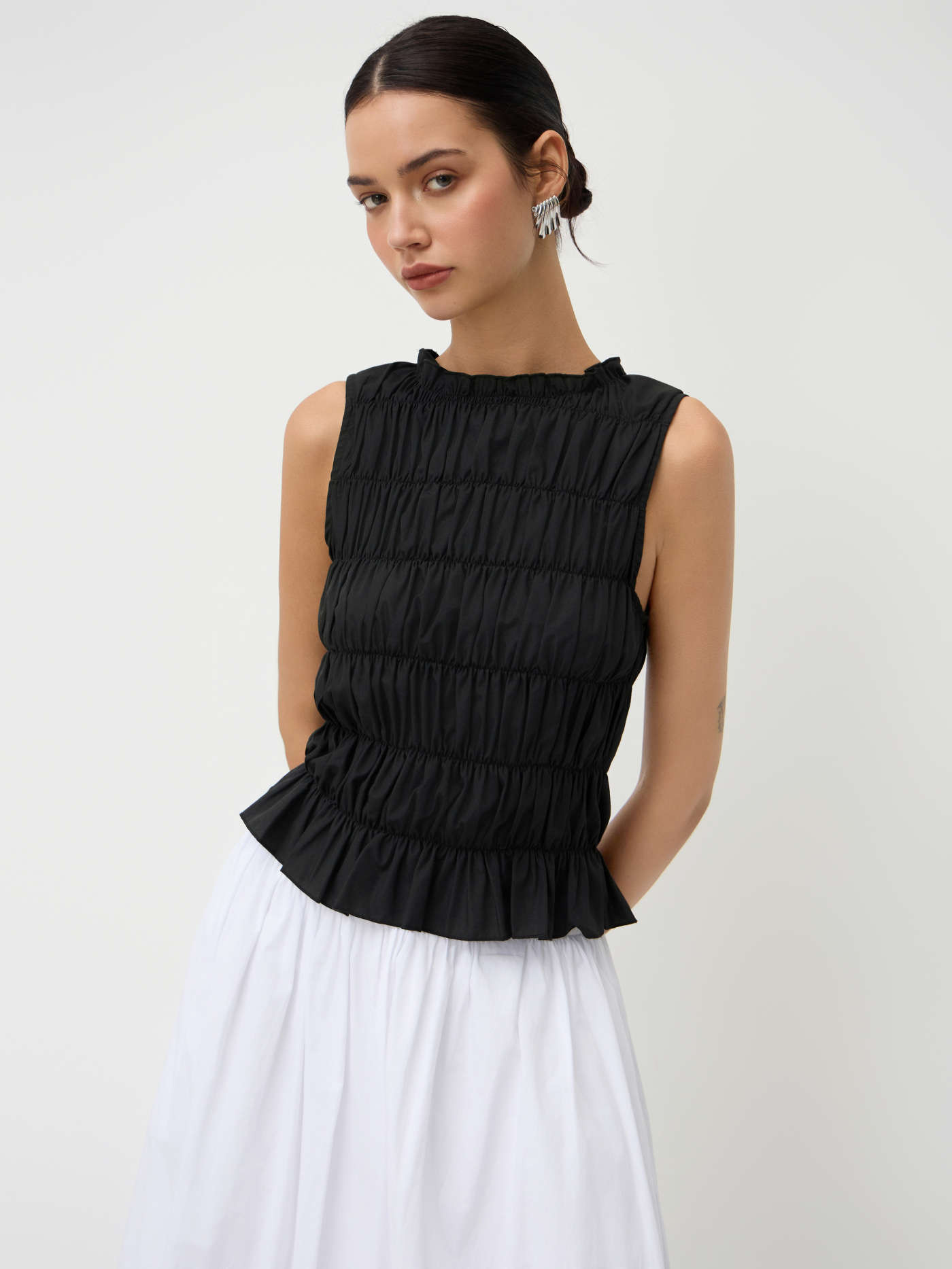 tenues express Tissé Cotton-blend Round Neckline Shirred Tank Top For Rencard | Cider