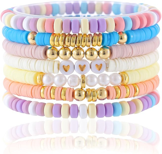 Friendship Bracelets Trendy Heishi Clay Bead Bracelets Stack Gold Beaded Stretch Bracelets for Wo... | Amazon (US)