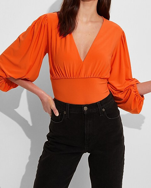 Deep V-Neck Balloon Sleeve Thong Bodysuit | Express