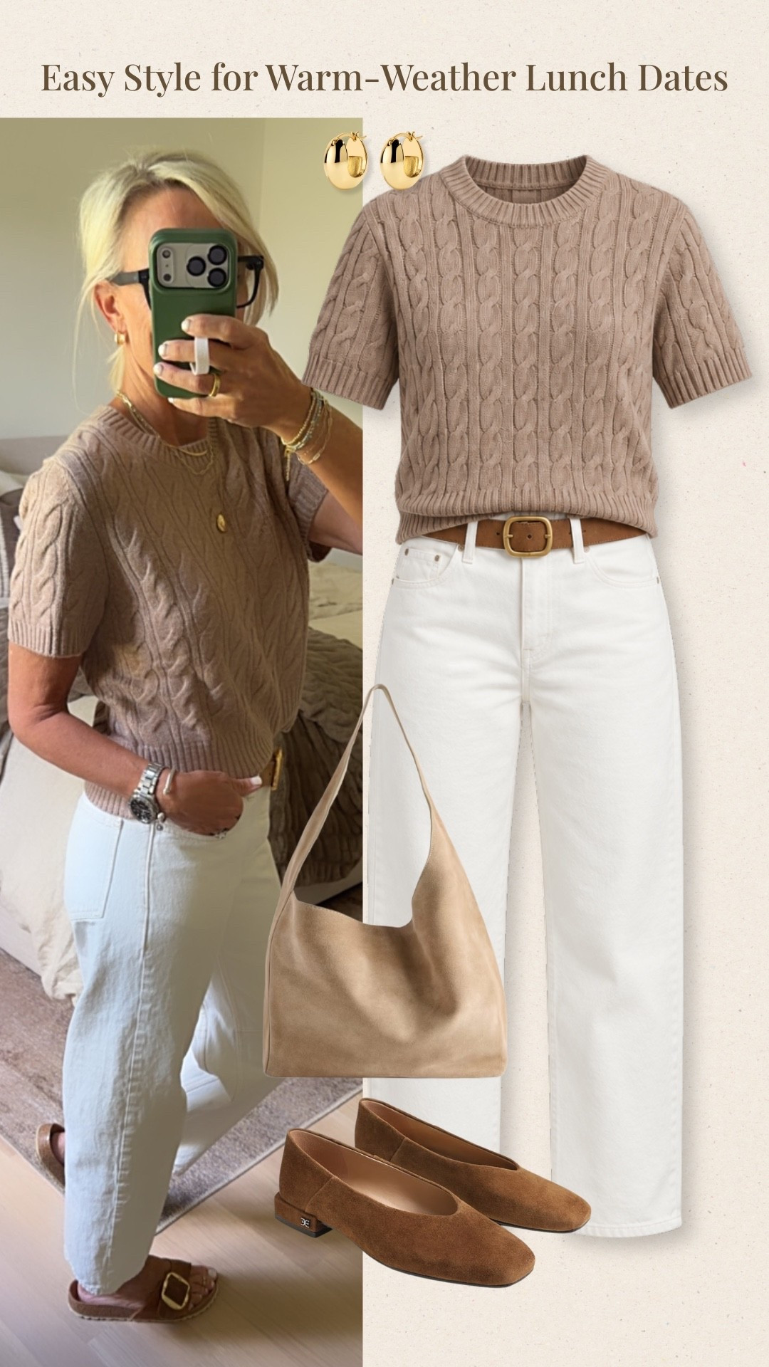 I love the simplicity of this neutral outfit for a warm-weather lunch date. The textured short-sleeve sweater with white jeans feels polished and easy to wear, with warm brown accessories to pull it all together. The sandals I’m wearing in the photo are no longer available, so I’ve linked an alternative shoe option as well.

#LTKootd #LTKOver40 #LTKdayinmylife