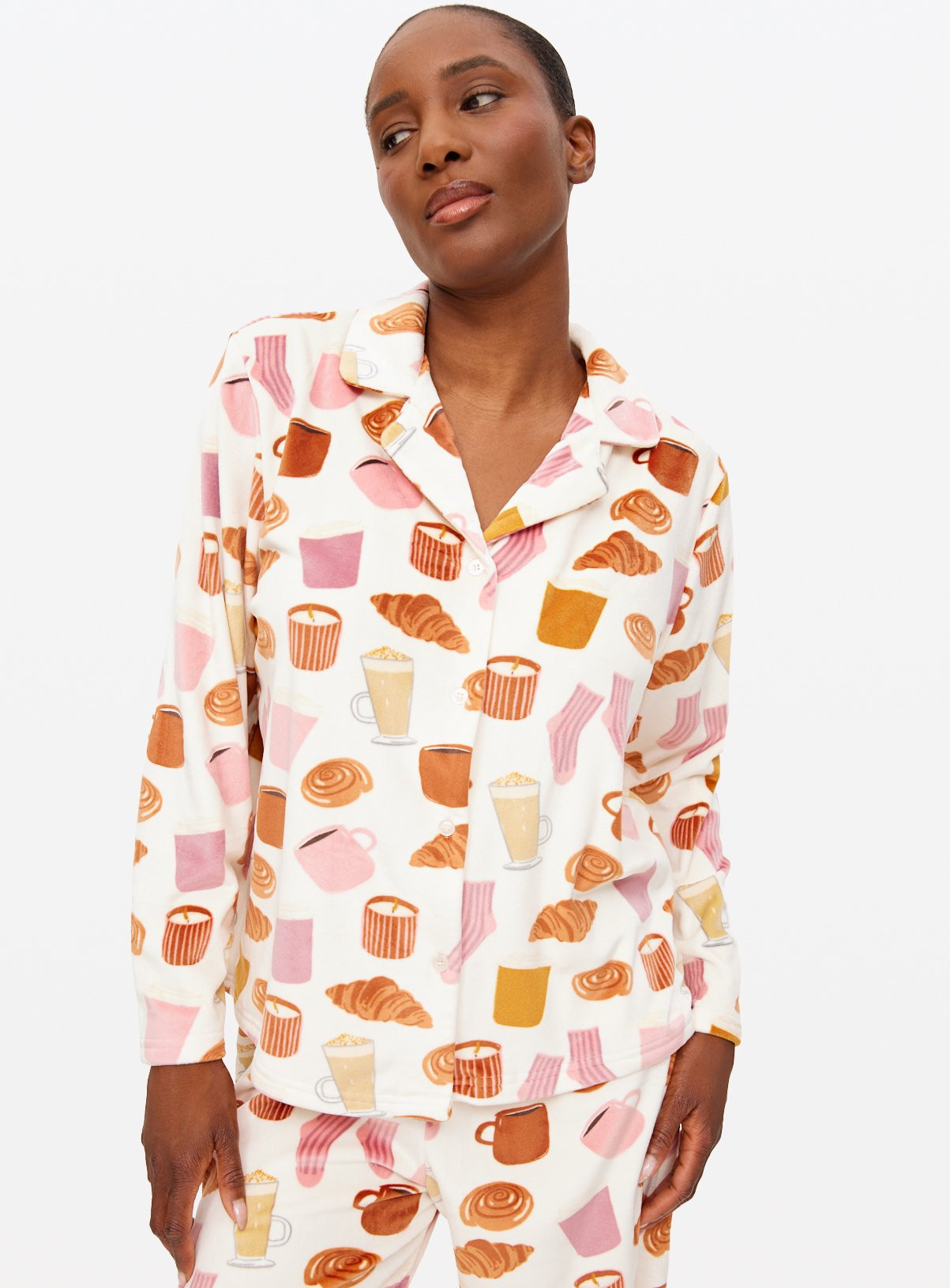 Cream Autumn Breakfast Printed Slinky Fleece Pyjamas | Tu Clothing