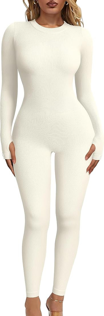 OQQ Women‘s Yoga Jumpsuits Ribbed Long Sleeve Crew Neck Tops Sport Jumpsuits | Amazon (US)