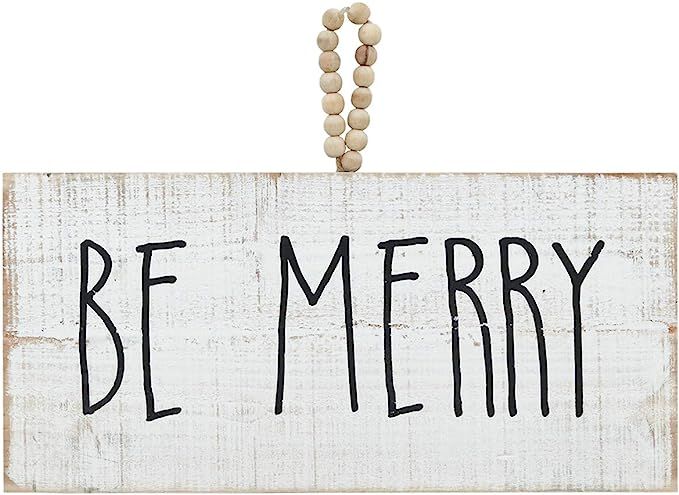 Be Merry Whitewashed Wood Wall Hanging Plaque Sign with Natural Wood Bead String Hanger, Christma... | Amazon (US)