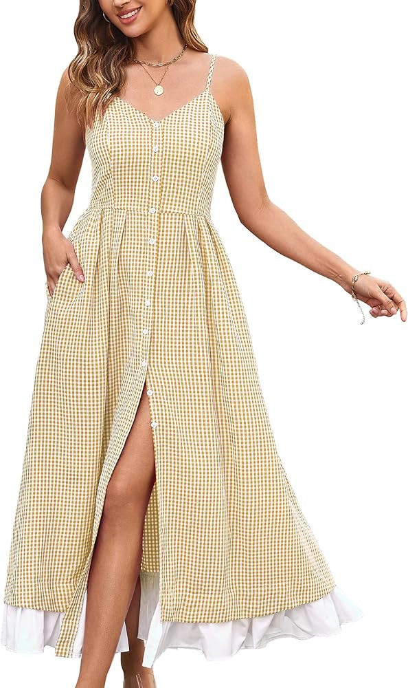 Angashion Women's Dresses-Summer Floral Bohemian Spaghetti Strap Button Down Swing Midi Dress | Amazon (US)