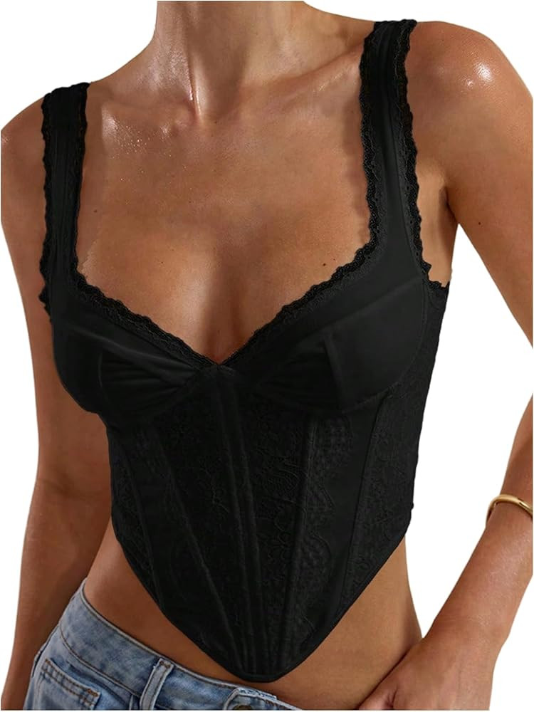 SweatyRocks Women's Going Out Tank Tops Low Cut Asymmetrical Corset Lace Crop Top | Amazon (US)