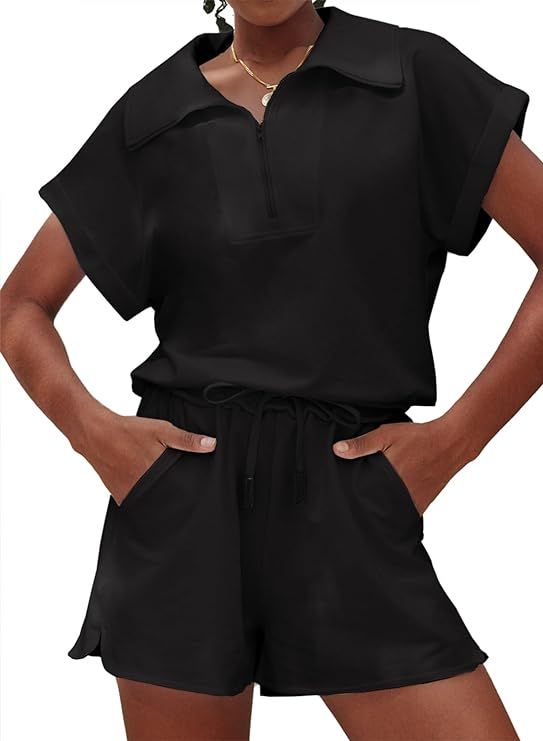 MIHOLL Womens 2 Piece Outfits 2024 Summer Casual Half Zip Lapel Collar Short Sleeve Tops Sweat Sh... | Amazon (US)