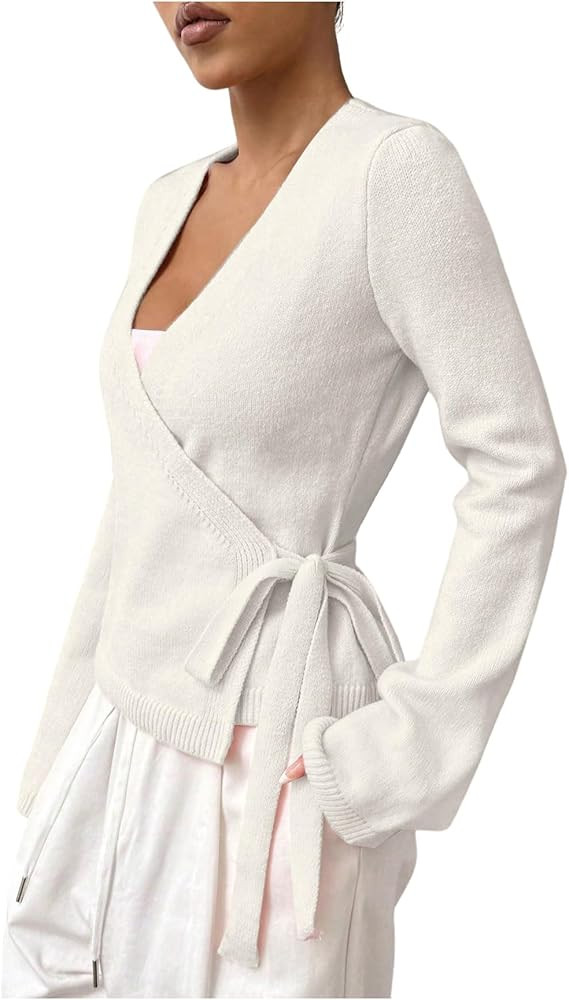 Verdusa Women's Cozy V Neck Wrap Tie Front Cardigan Casual Knit Quiet Luxury Clothes | Amazon (US)