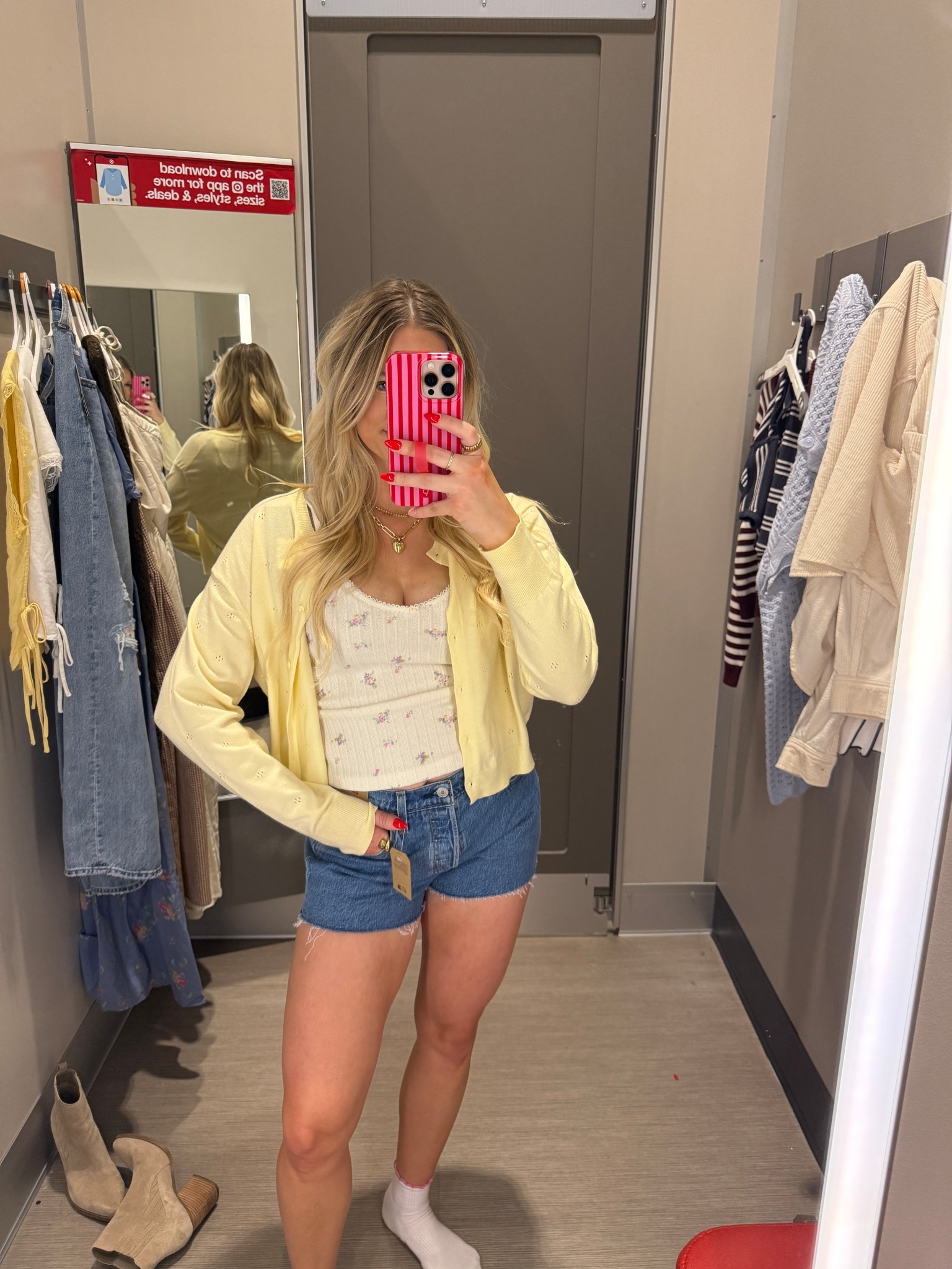 Target outfit // spring style // summer fashion // Levi 501 shorts // butter yellow cardigan // button up // floral tank top