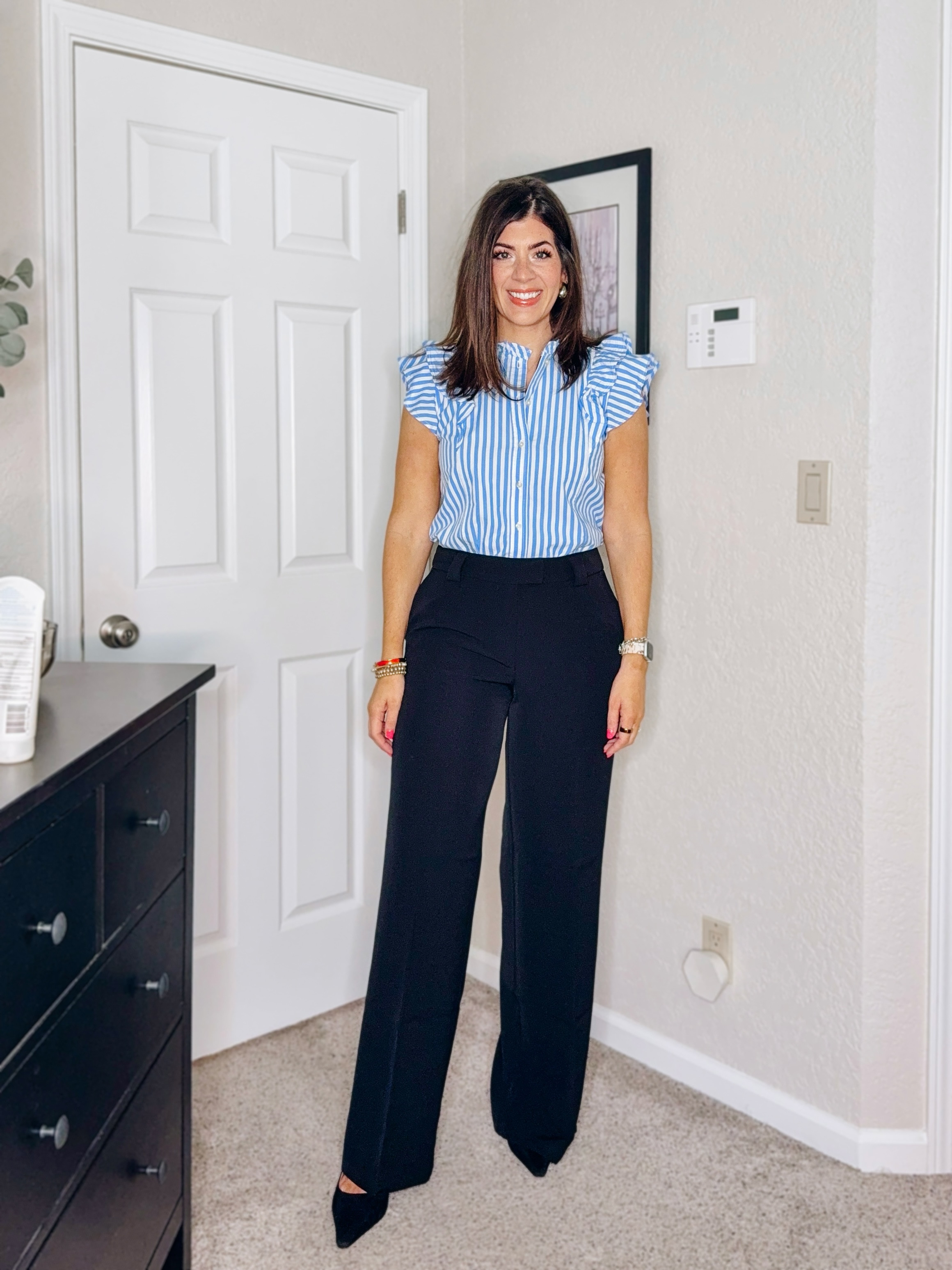 Sized down to a small in the top and a 8 regular length in the wide leg pants 

#LTKMidsize #LTKWorkwear #LTKFindsUnder50