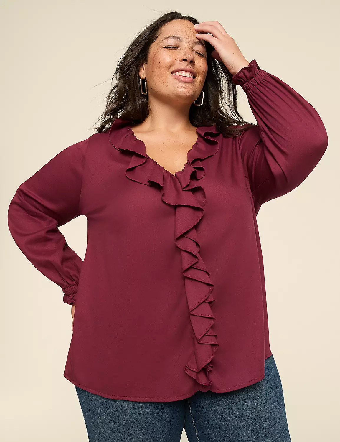 Bracelet-Sleeve Ruffle & Button-Front Blouse | LaneBryant | Lane Bryant (US)