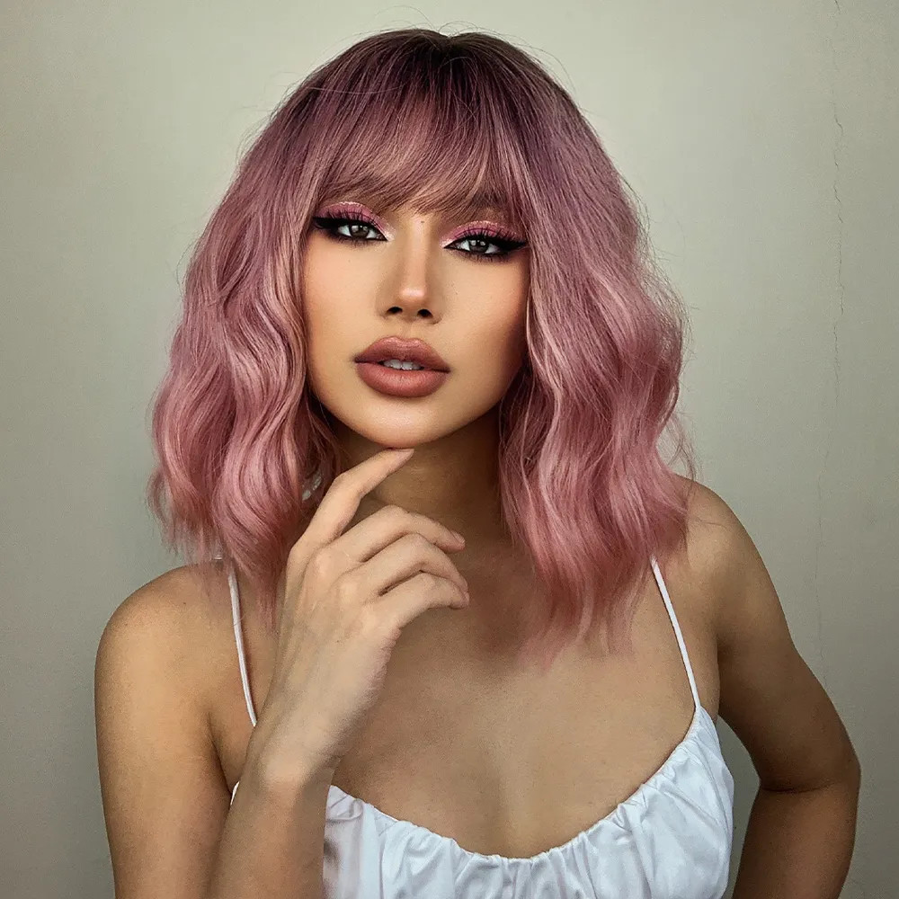 Gorgeous Gradient Pink Bob Wig - Curly Wavy with Bangs - Heat Resistant Synthetic Wig for Parties... | Temu Affiliate Program