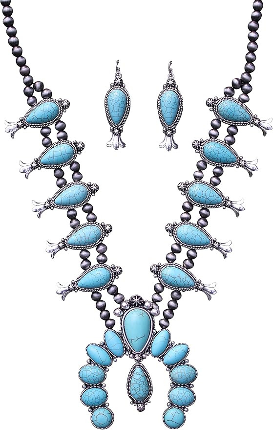 Turquoise Vintage Squash Blossom Metal Statement Necklace/w Earrings No.1063T | Amazon (US)