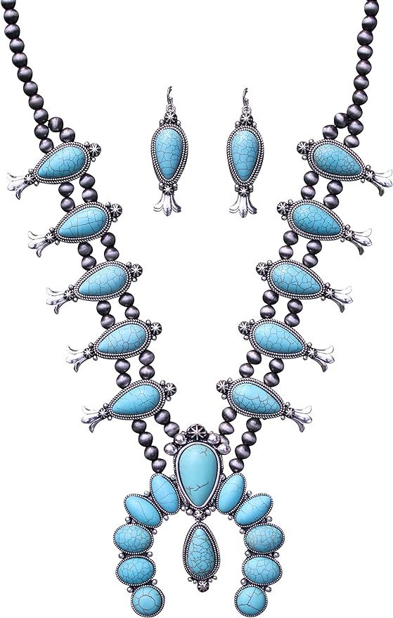 Turquoise Vintage Squash Blossom Metal Statement Necklace/w Earrings No.1063T | Amazon (US)