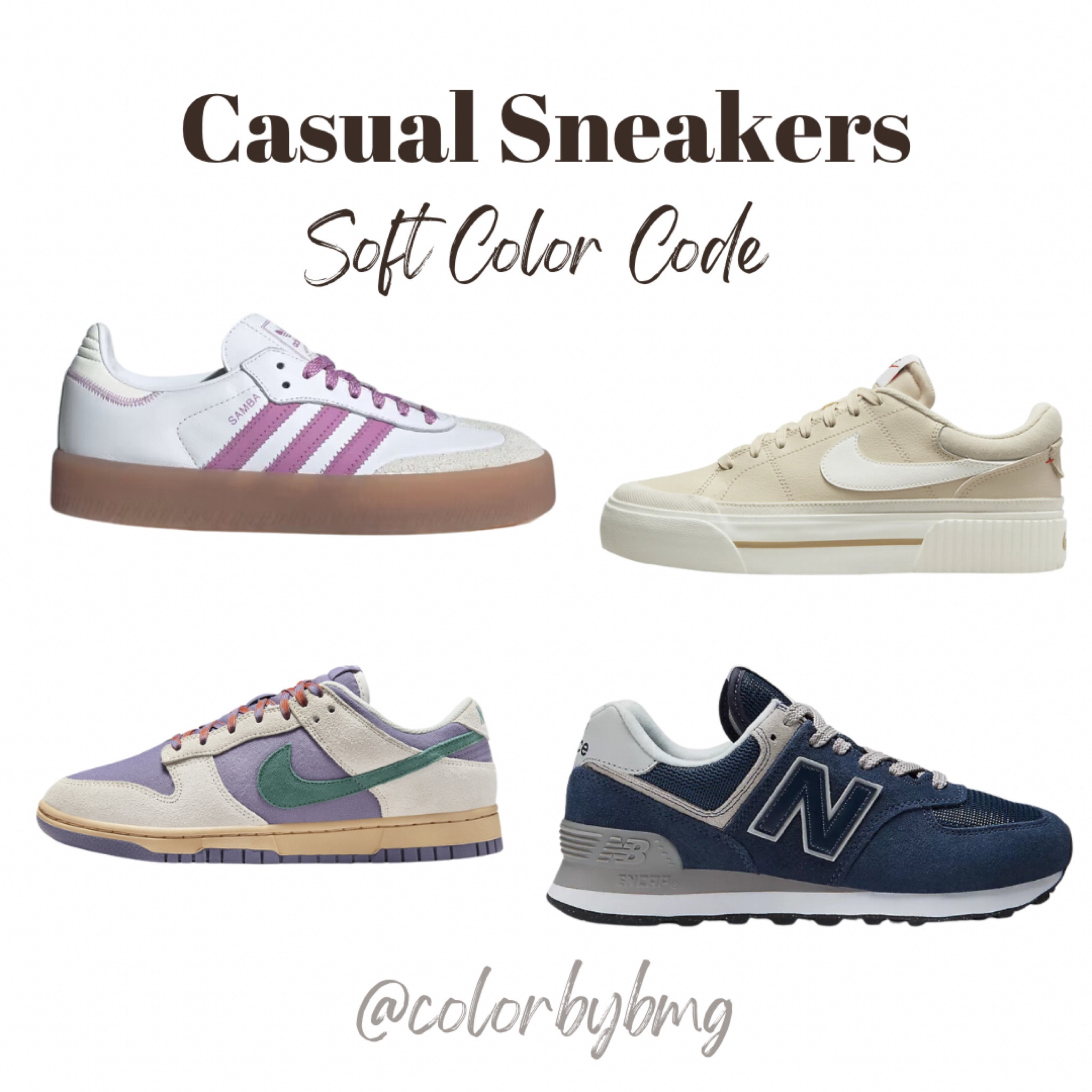 Soft Color Code Sneakers: 
Samba: White/Preloved Purple/Off White 
Nike Dunk Low: Phantom/Daybreak/Sesame/Bicoastal
Nike Court Legacy Lift: Pearl White/Sail/Team Orange/Phantom
New Balance: Navy with White

Soft Autumn
Soft Summer

#LTKShoeCrush #LTKStyleTip