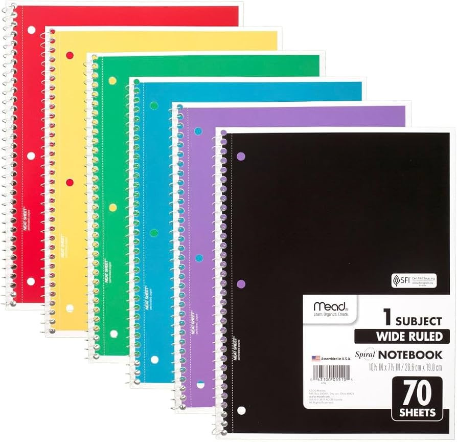 Mead Spiral Notebook, 6 Pack, 1 Subject, Wide Ruled Paper, 7-1/2" x 10-1/2", 70 Sheets per Notebo... | Amazon (US)