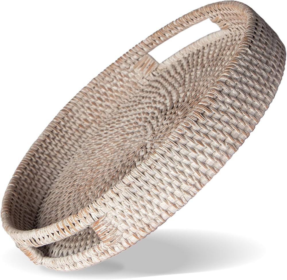 14 inch Round Rattan Serving Tray - Modern Woven Tray w/Handles for Dining Table, Livingroom, Pat... | Amazon (US)