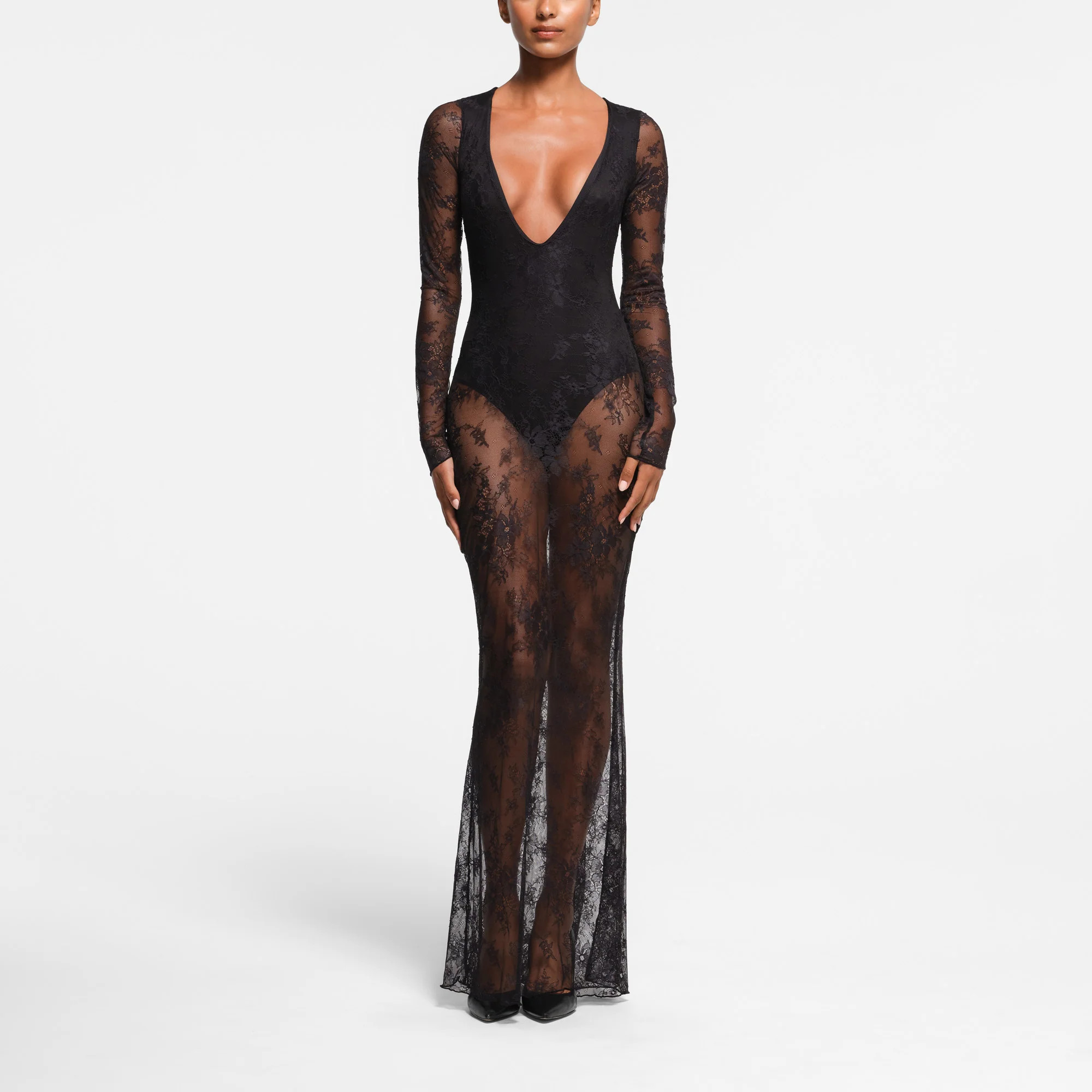 SKIMS Plunge Long Dress | Black | 3XL | Ultra Fine Lace | SKIMS (US)