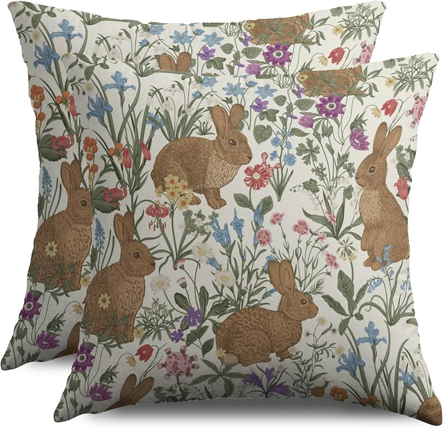 Spring Easter Pillow Covers 18X18 Set of 2, Vintage Rabbit Bunny Floral Sage Green Blue Pink Flow... | Amazon (US)