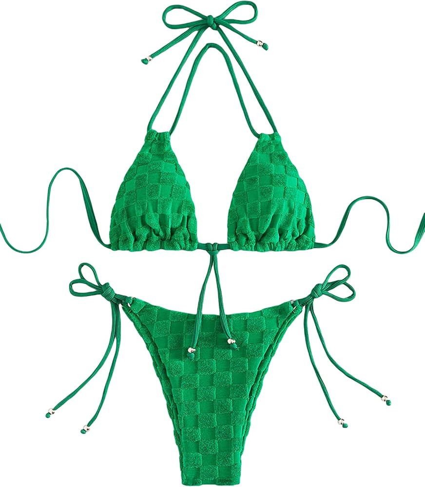 COZYEASE Bikini Sets for Women Solid Halter String Thong Bikini Bathing Suits 2 Piece Swimsuit | Amazon (US)