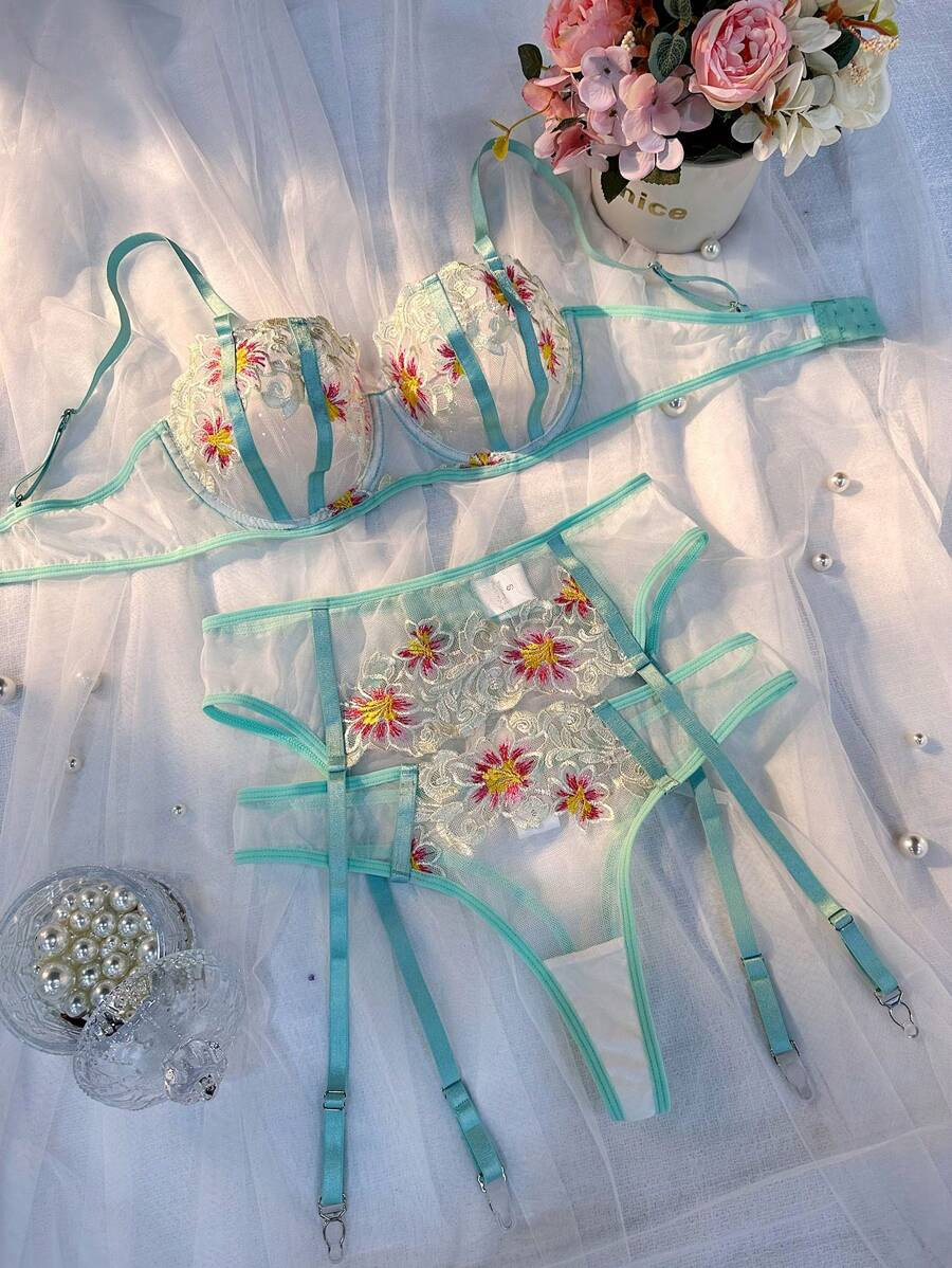 3pcs Embroidery & Printed Bra, Thong And Garter Belt Lingerie Set | SHEIN