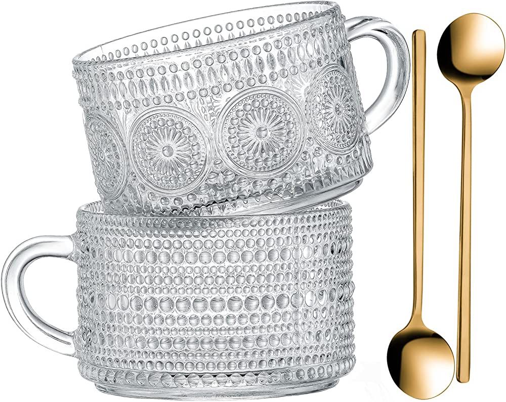Amazon.com: Gezzeny Vintage Glass Coffee Mugs 14 Oz Set of 2 Clear Embossed Tea Cups, Glass Coffe... | Amazon (US)