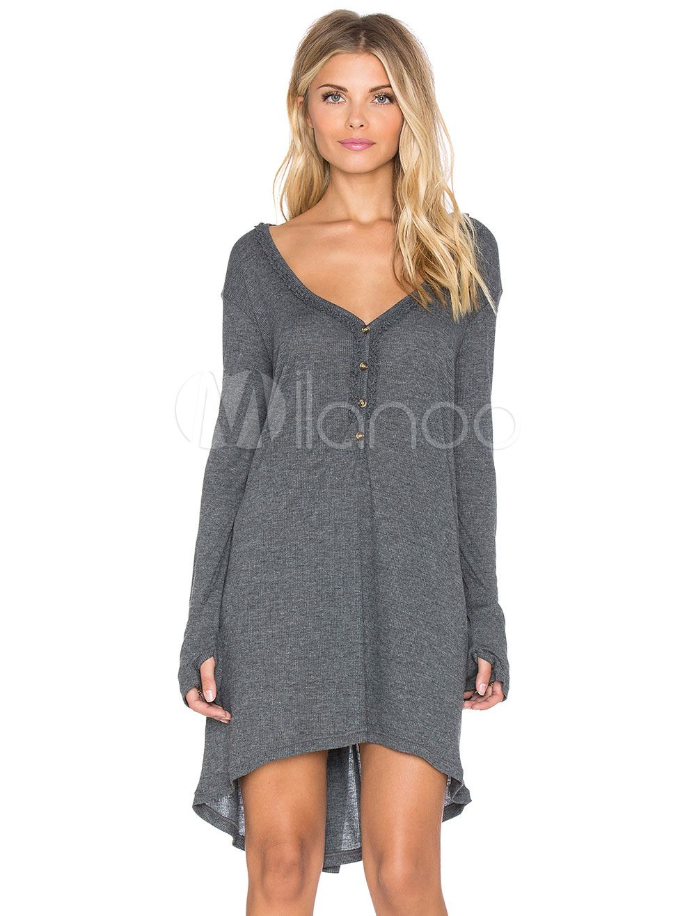 Grey Knitted Dress V Neck Long Sleeve High Low Buttons Decor Women's Casual Dress | Milanoo