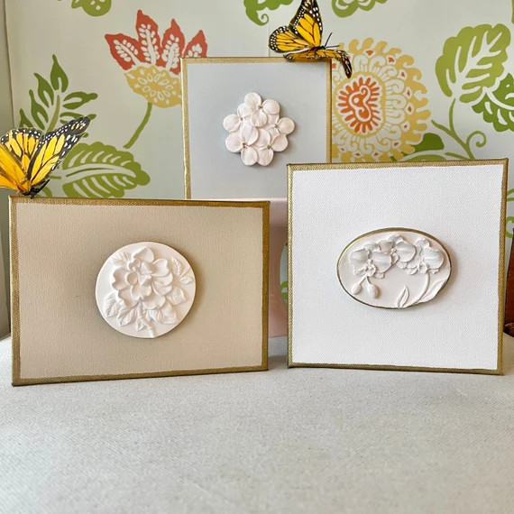 Botanical Intaglio Art on 5X7 or 6X6 Canvas, Plaster medallions of Magnolia hydrangea orchid lotu... | Etsy (US)