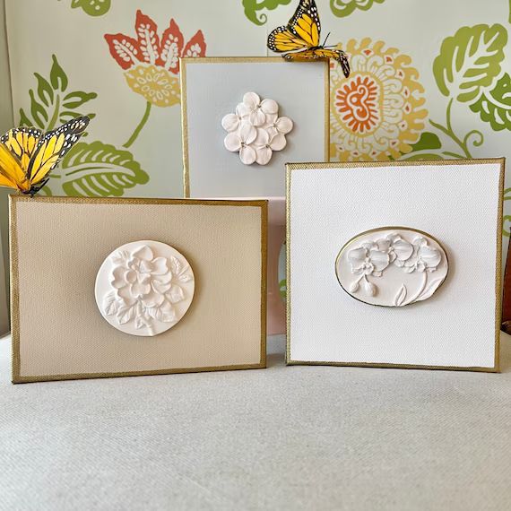 Botanical Intaglio Art on 5X7 or 6X6 Canvas, Plaster medallions of Magnolia hydrangea orchid lotu... | Etsy (US)