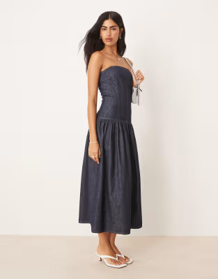 ASOS DESIGN denim drop waist bandeau maxi dress in indigo rinse | ASOS (Global)