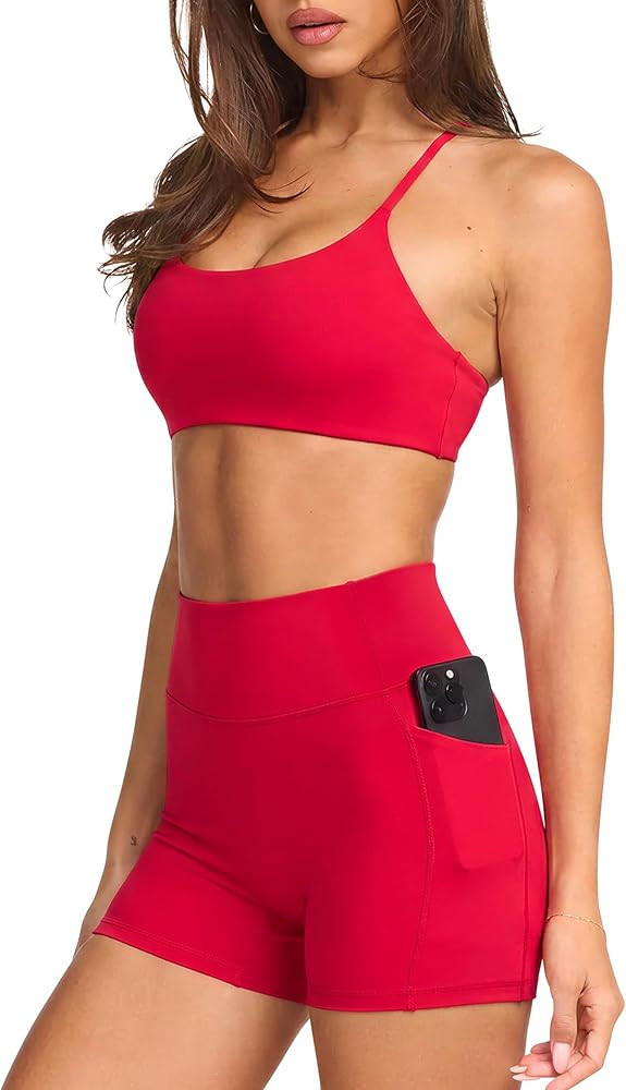 SUUKSESS Women 2 Piece Workout Sets Padded Sports Bra High Waisted Shorts With Pockets | Amazon (US)