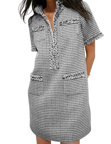 COZYPOIN Womens Tweed Mini Dress Elegant Front Half Zipper Short Sleeve Bodycon Tube Dress Work Short Dress with Pockets Black | Amazon (US)