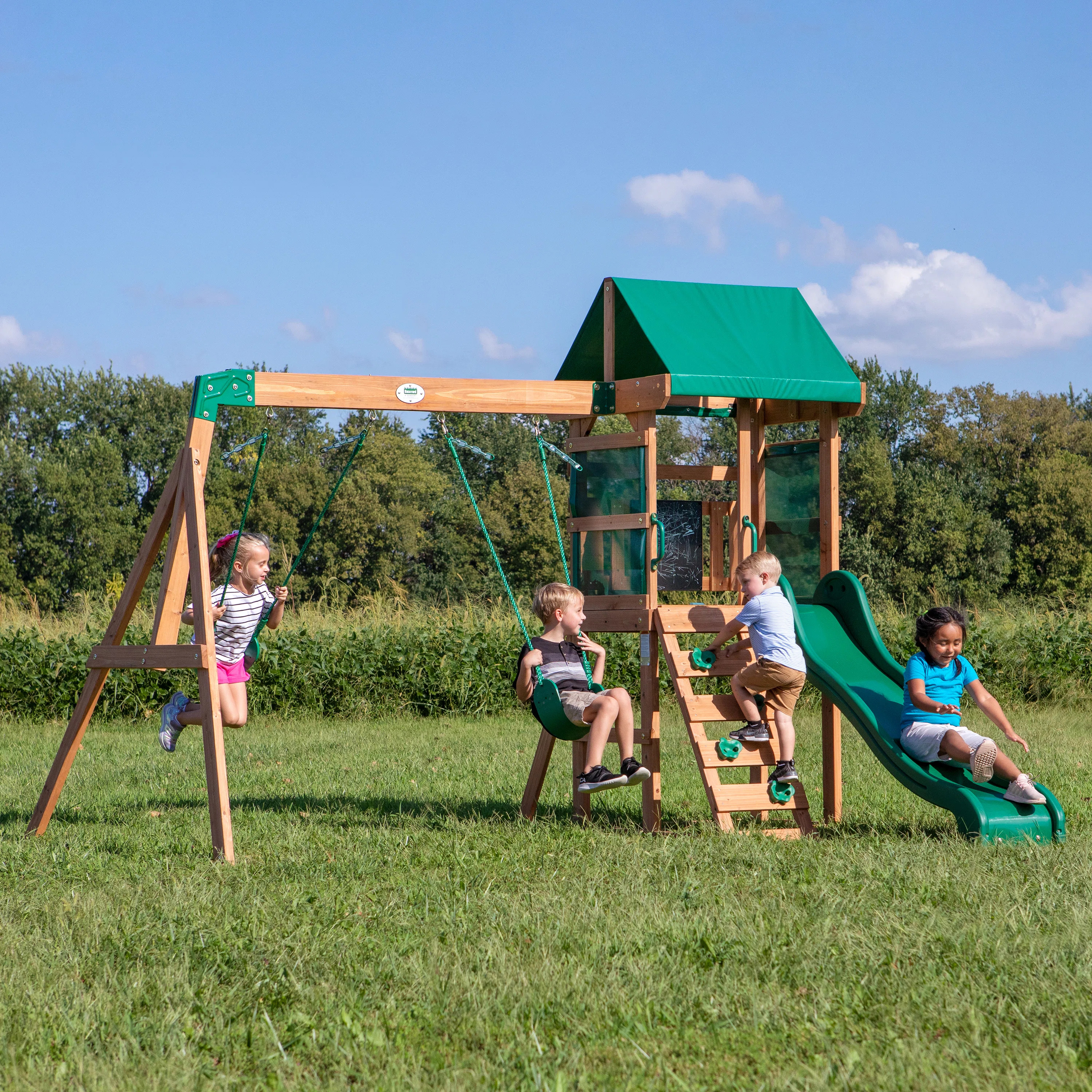 Backyard Discovery Buckley Hill Cedar Wood Swing Set with Wave Slide, Play Deck, Rock Wall Ladder... | Wayfair North America