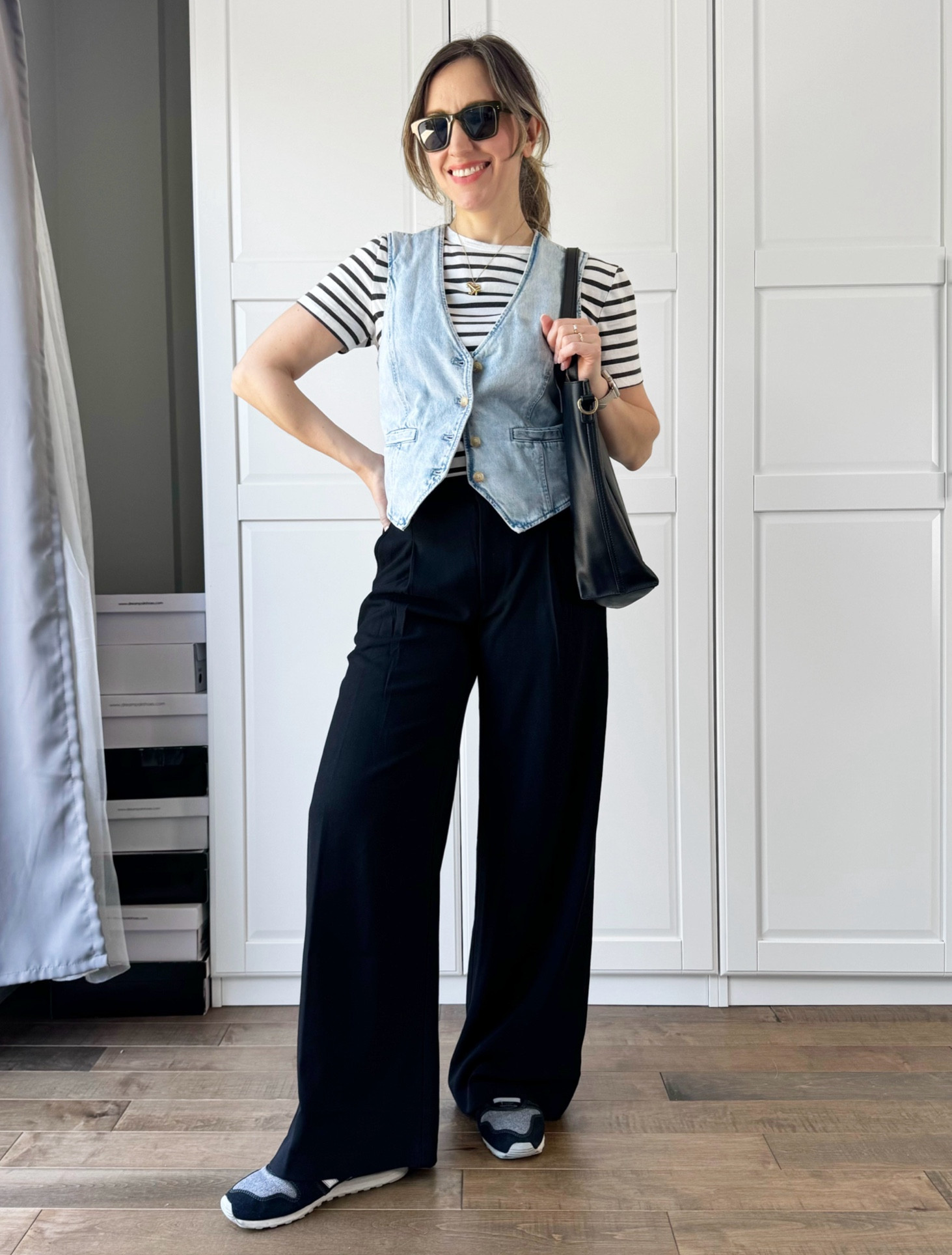 Light denim vest over black and white striped tee and wide leg pants + retro sneakers. 

Denim waistcoat, structured vest, wide leg pants outfit, casual outfit, spring outfit, summer outfit, classic style, relaxed style 

#LTKOver40 #LTKFindsUnder50 #LTKFindsUnder100