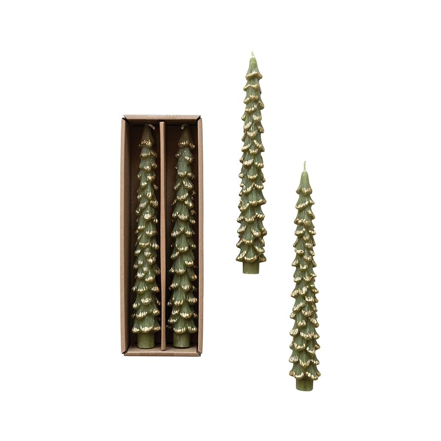 Creative Co-Op Golden-Tipped Elegance Tree Shaped Taper Candles, Evergreen, Set of 2 | Amazon (US)