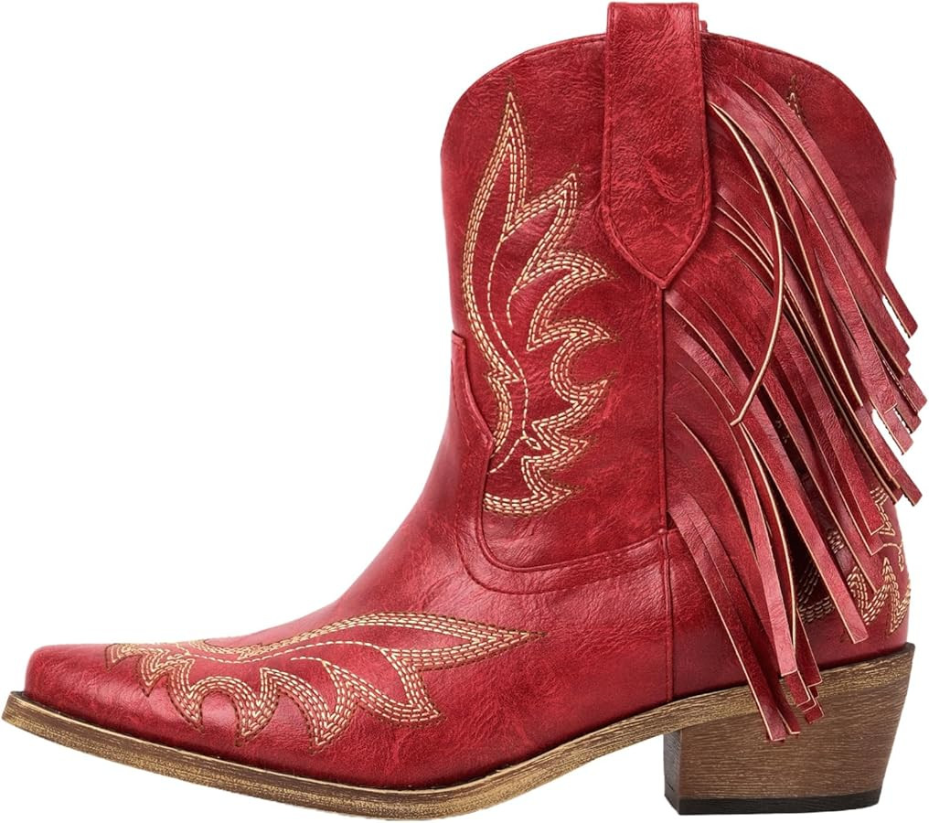 LISHAN Women's Tassels Pull On Ankle Boots Embroidered Western Cowboy Cowgirl Booties | Amazon (US)