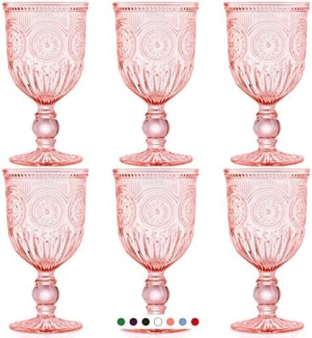 Pink Wine Glasses set of 6 pink goblets, dishwasher safe colored pink glassware, vintage style fo... | Amazon (US)