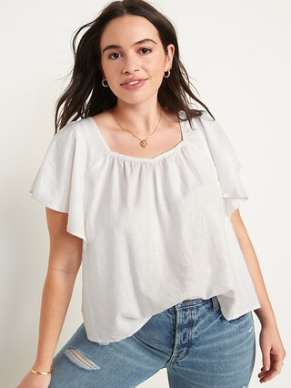 Flutter-Sleeve Linen-Blend Swing Blouse for Women | Old Navy (US)