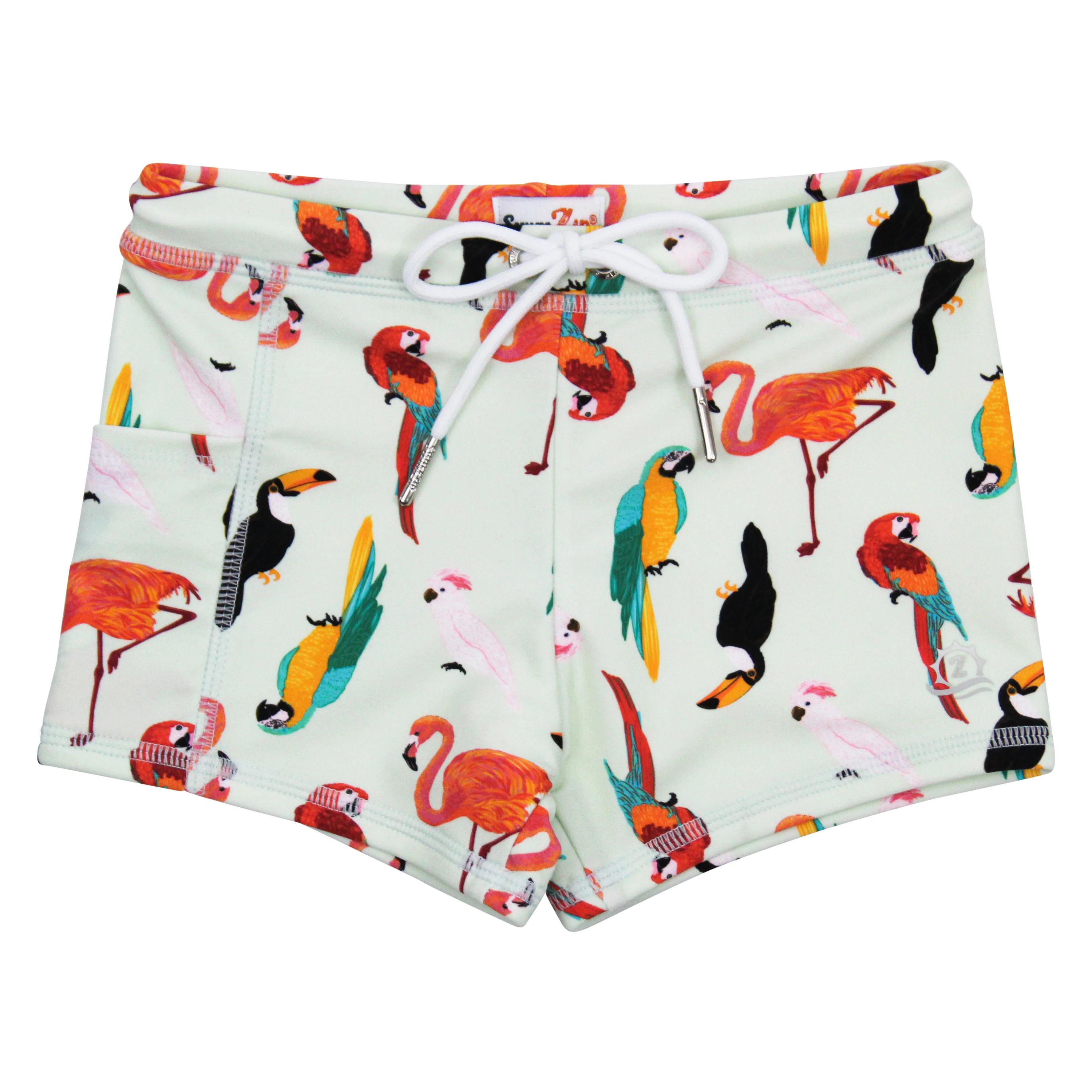 Kid's Euro Swim Shorties | "Tropical Birds" | SwimZip