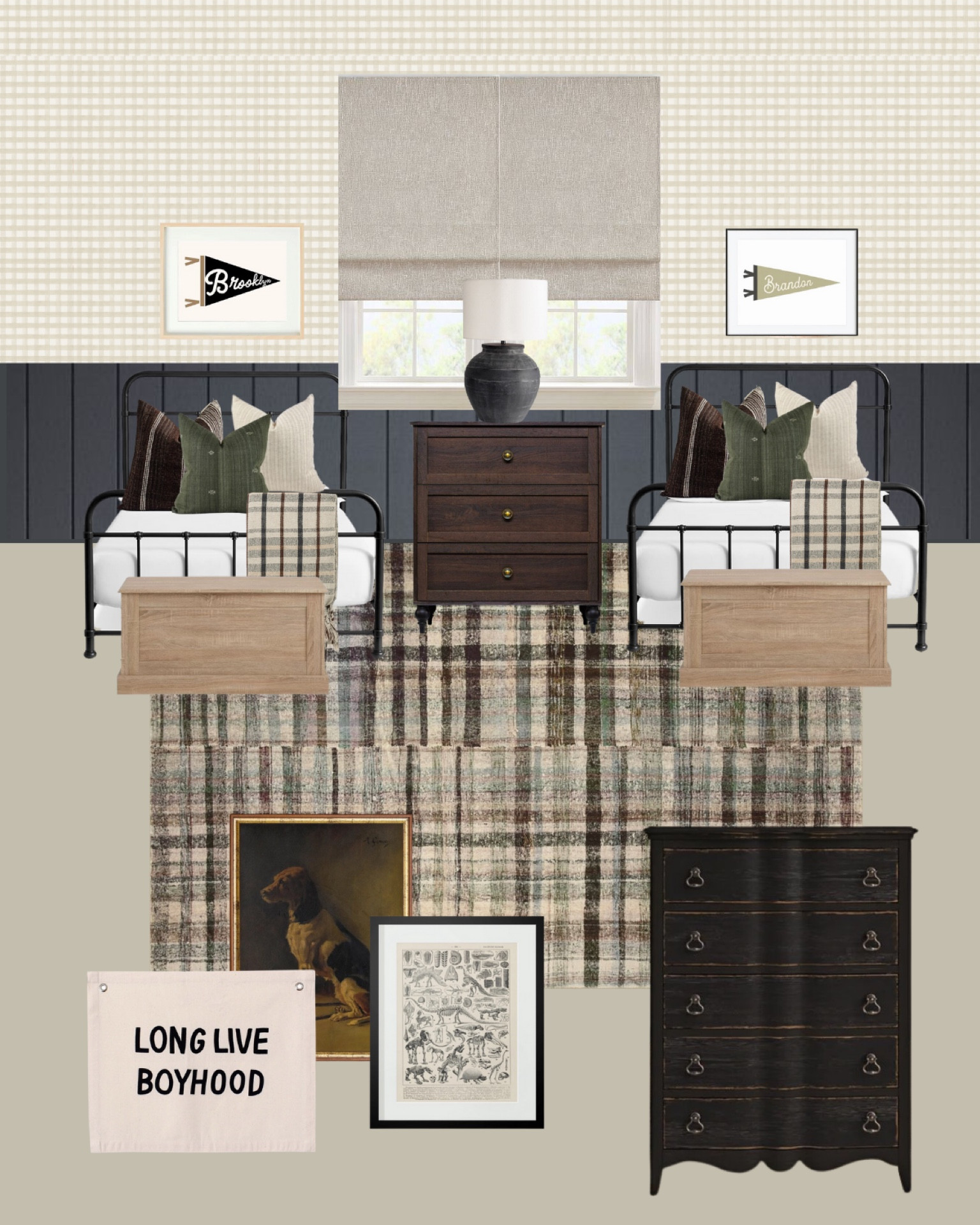 Joint boys bedroom plans

Bed, dresser, art, room, kids room, trunk, pennant, lamp, rug, chest, nightstand, bedroom, shades 