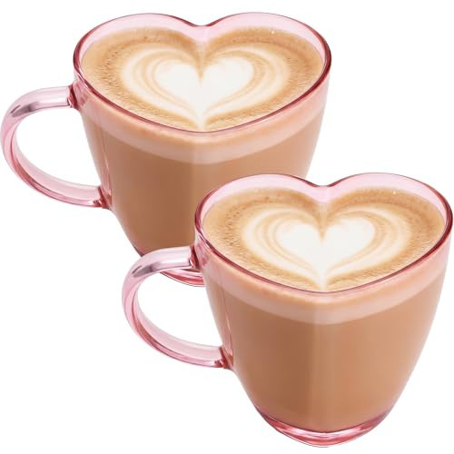 Potchen 4 Pcs Valentine Heart Shaped Glass Coffee Mugs Galentine's Day 17oz Pink Clear Glass Cups with Handle for Coffee Tea Latte Hot Chocolate Heart Mug for Valentine's Day Anniversary Wedding Gift | Amazon (US)