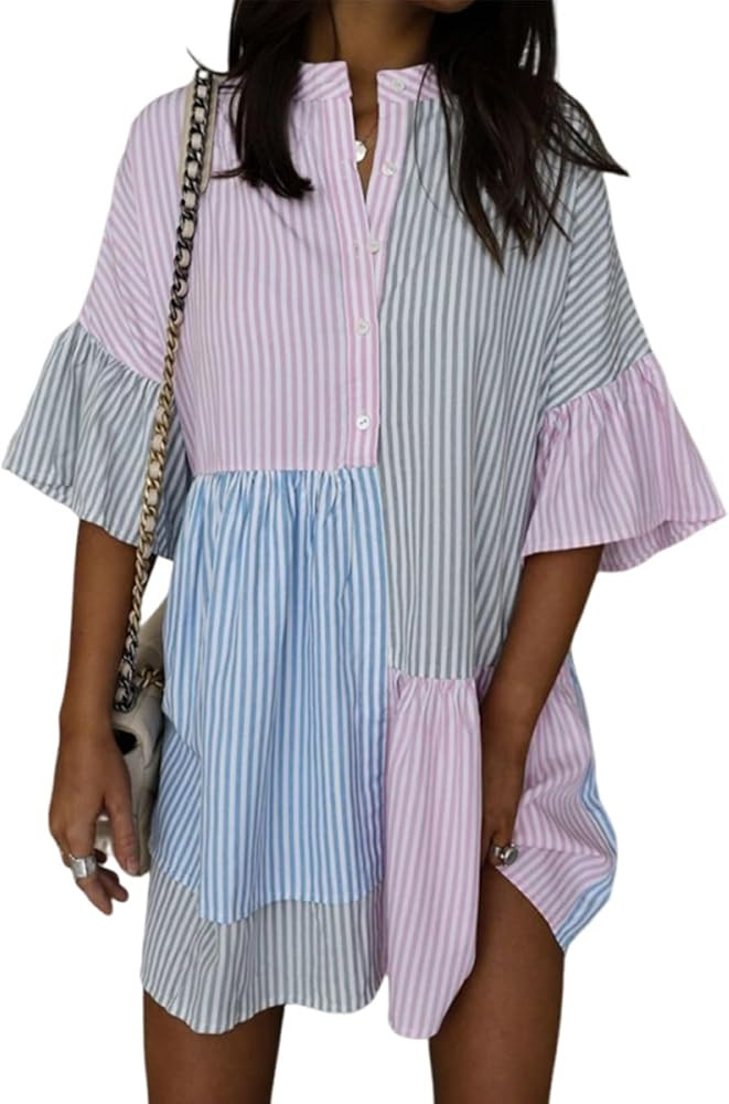 utcoco Womens Y2k Trendy Color Block Striped Shirt Dress Flutter Half Sleeve Loose Casual Button ... | Amazon (US)