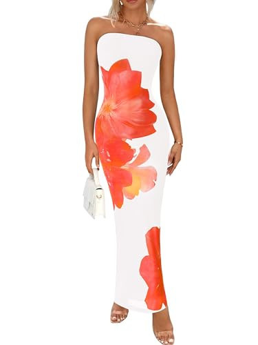 PRETTYGARDEN Women Summer Strapless Maxi Dress Bodycon Floral Sexy Long Wedding Guest Dress Formal Tube Mesh Cocktail Dresses(White Orange Floral,Large) | Amazon (US)