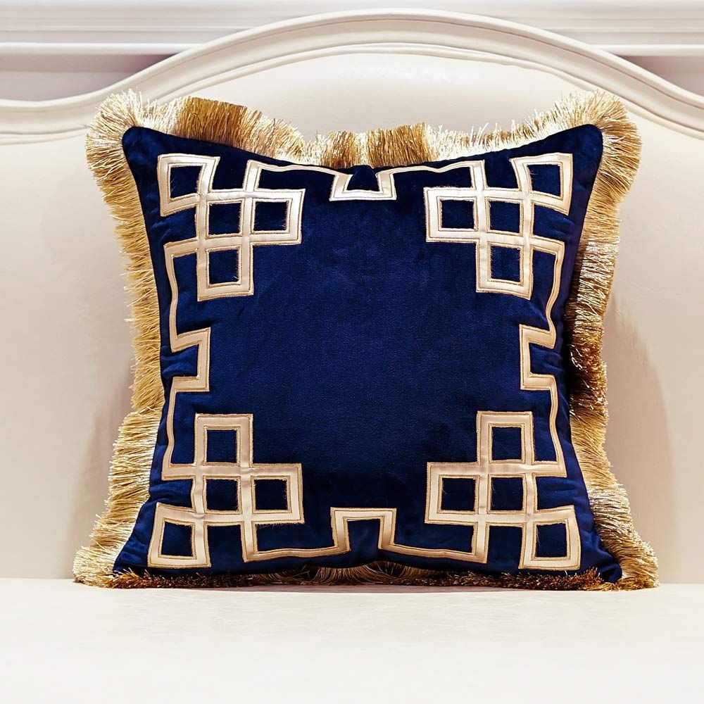 Avigers Luxury Navy Blue Decorative Pillows with Tassels 20 x 20 Inches Square Chain Velvet Throw Pi | Amazon (US)